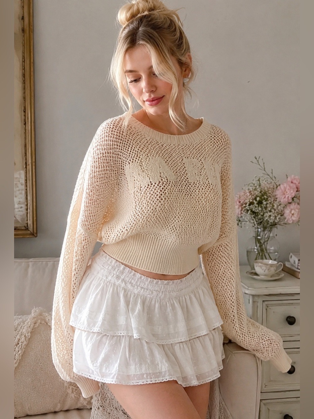 Japanese Cream Open Knit Cropped Sweater Coquette Soft Girl